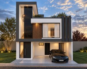 Render de fachada principal de casa en Altana, Plaza San Diego