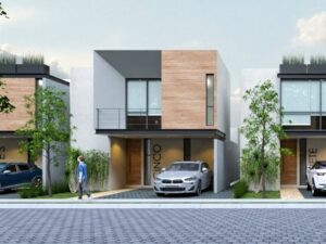 Fachada principal de casa en preventa en Parque Cibeles, Lomas de Angelópolis, Puebla (render del proyecto)