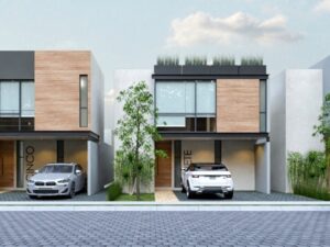 Fachada principal de casa en preventa en Parque Cibeles, Lomas de Angelópolis, Puebla (render del proyecto)