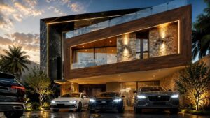 Fachada principal render nocturno en Parque Mónaco, Lomas de Angelópolis II, Puebla