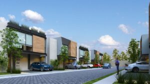 Calle del fraccionamiento de casa en preventa en Parque Cibeles, Lomas de Angelópolis, Puebla (render del proyecto)