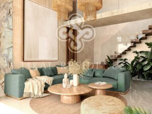 Sala doble altura de casa en preventa en Tikal Residences, Atlixco, Puebla (render del proyecto)