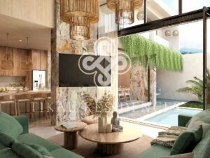 Sala y terraza de casa en preventa en Tikal Residences, Atlixco, Puebla (render del proyecto)
