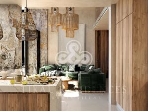 Cocina isla de casa en preventa en Tikal Residences, Atlixco, Puebla (render del proyecto)