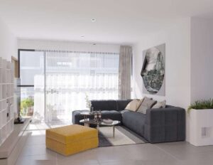 Sala de tv de casa en preventa en Parque Cibeles, Lomas de Angelópolis, Puebla (render del proyecto)