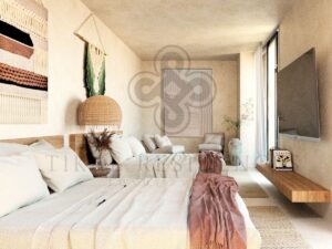 Recámara principal de casa en preventa en Tikal Residences, Atlixco, Puebla (render del proyecto)